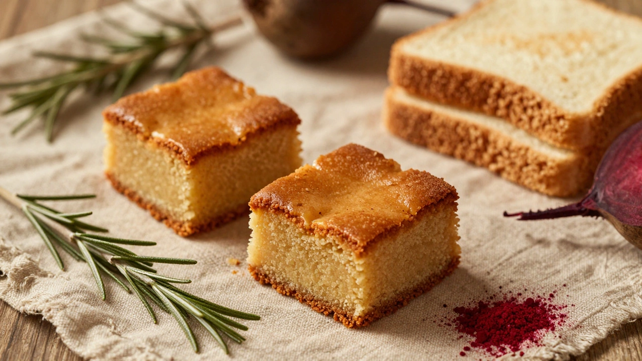 Retro rum cake squares and Victoria sponge on vintage linen