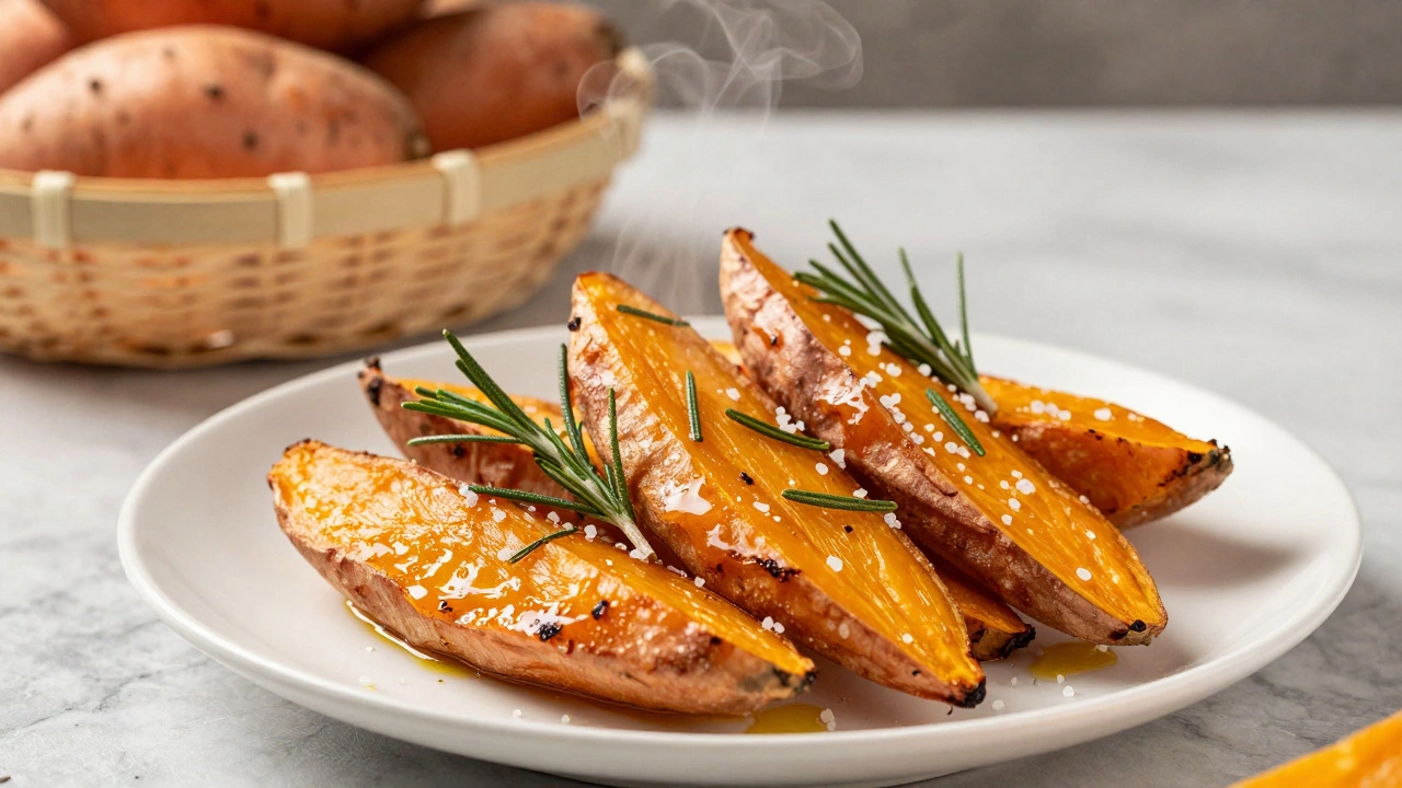 Roasted sweet potato wedges with herbs on a white plate