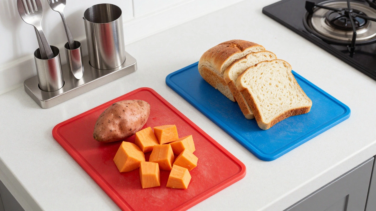 Separate cutting boards for sweet potatoes and bread to prevent contamination