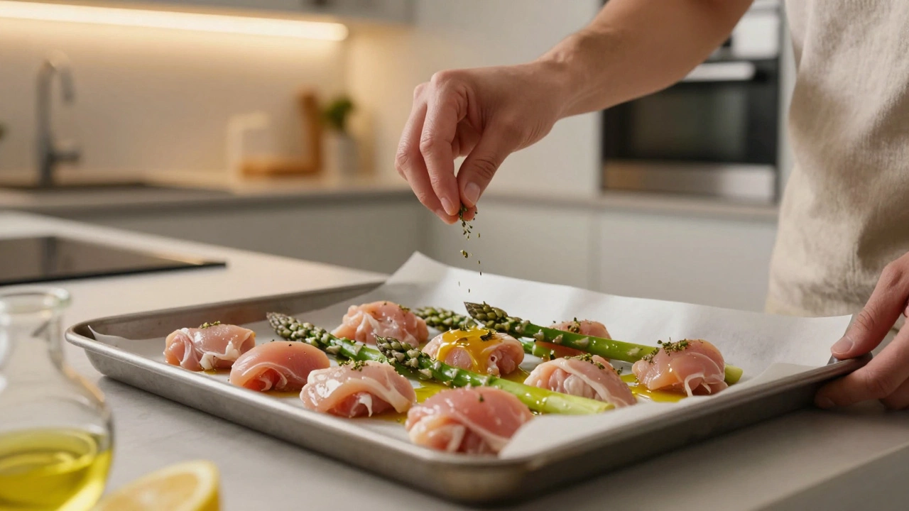 Sheet pan chicken and asparagus dinner preparation