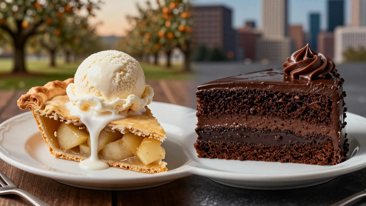 Split image comparing traditional apple pie and modern chocolate cake desserts