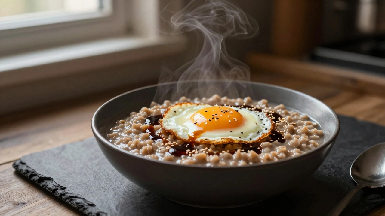 Steaming bowl of savory oatmeal with fried egg topping
