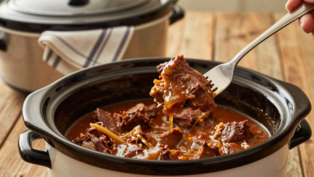 Tender pot roast being lifted from rich gravy in a slow cooker
