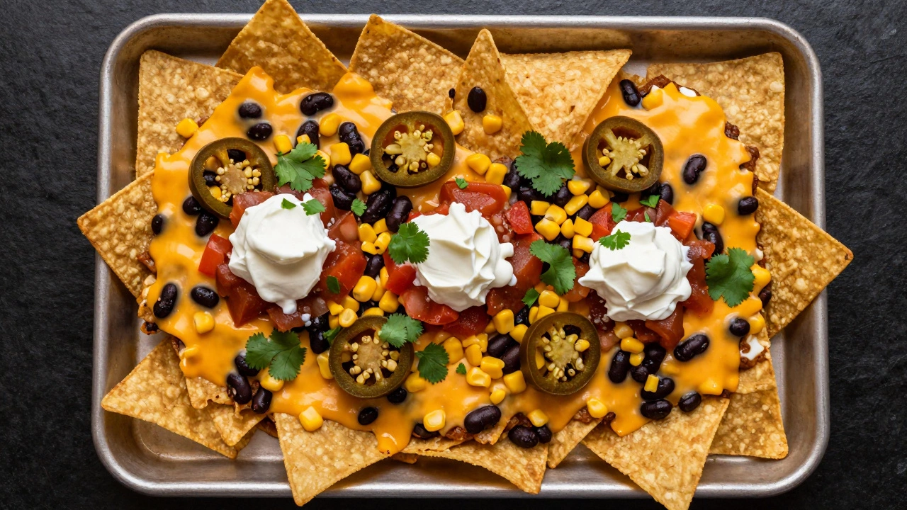 Top-down view of loaded nachos with melted cheese and toppings.