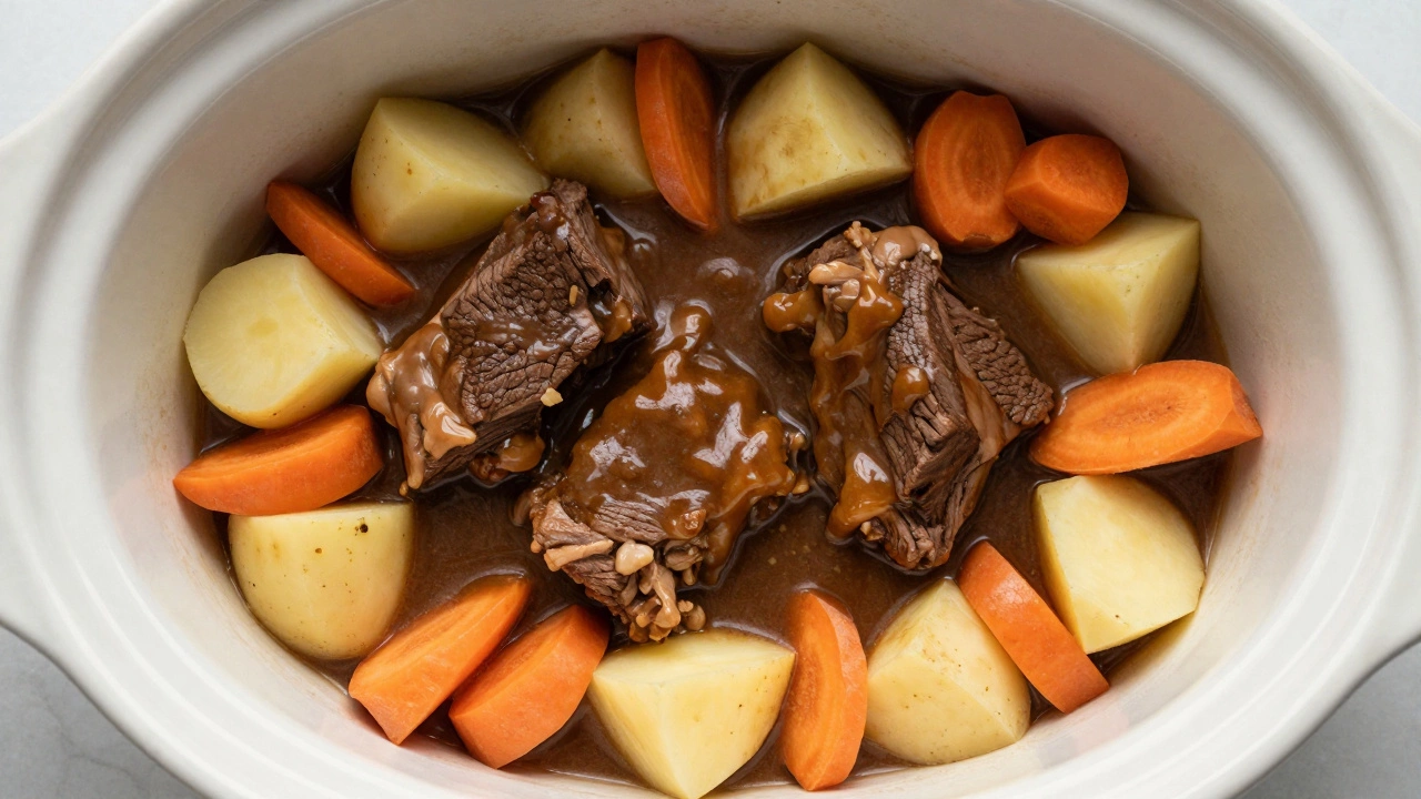 Top view of meat and vegetables layered in a slow cooker insert