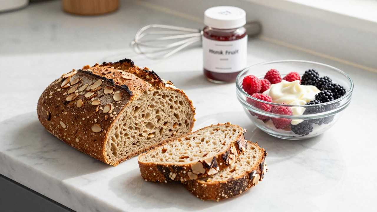 Almond flour bread loaf and mixed berries with cream for low-carb sweets