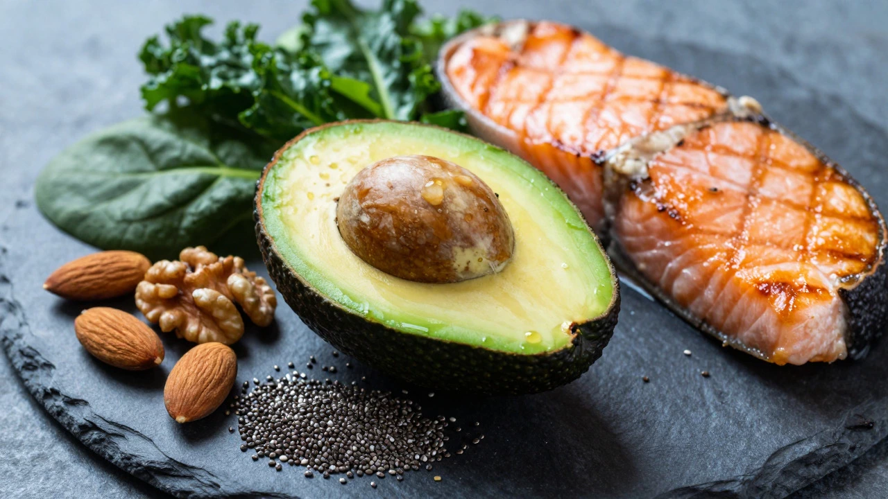 Avocado, nuts, salmon, and leafy greens representing healthy fats and protein