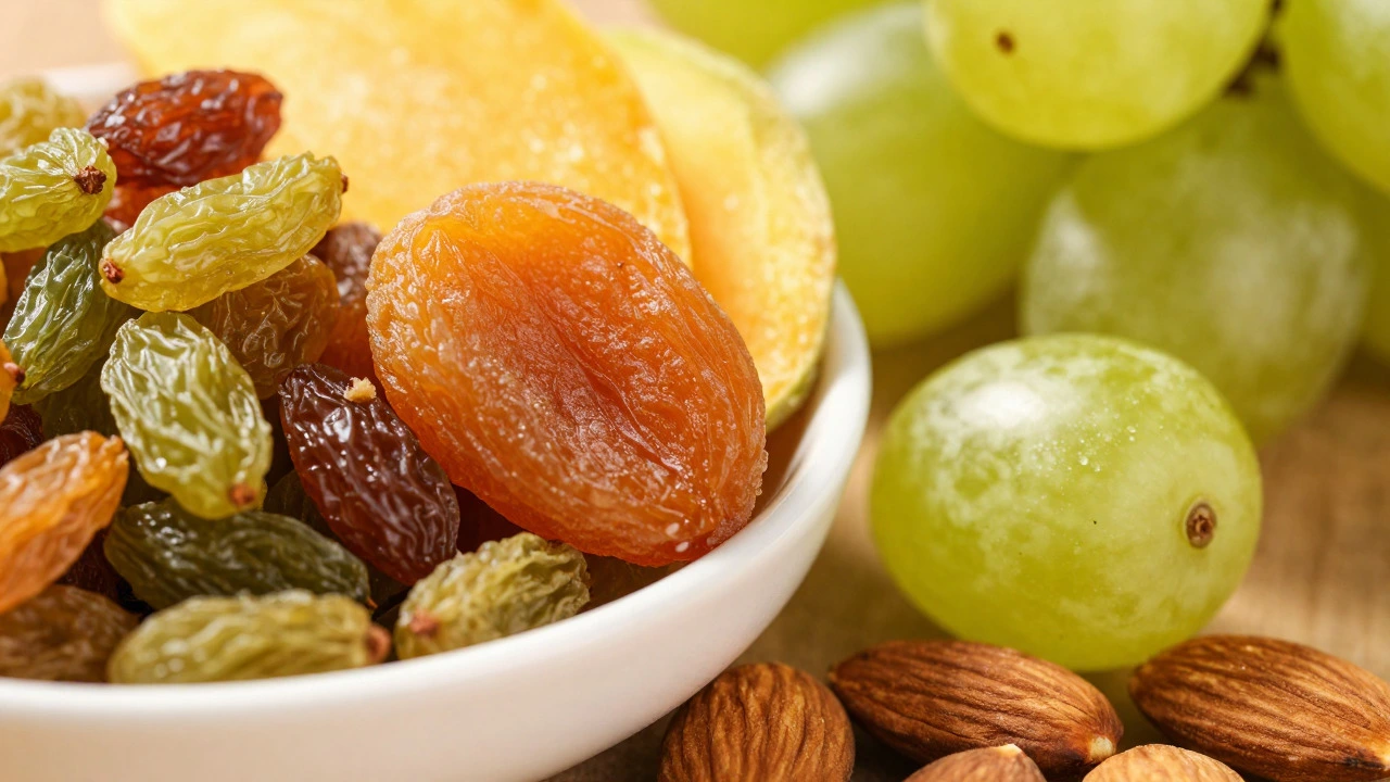 Bowl of dried fruit and almonds compared to a single fresh grape