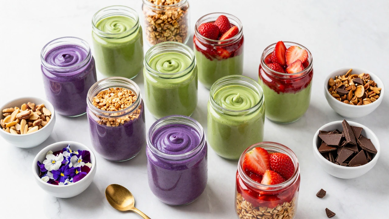 Colorful DIY dessert bar with layered parfaits and toppings