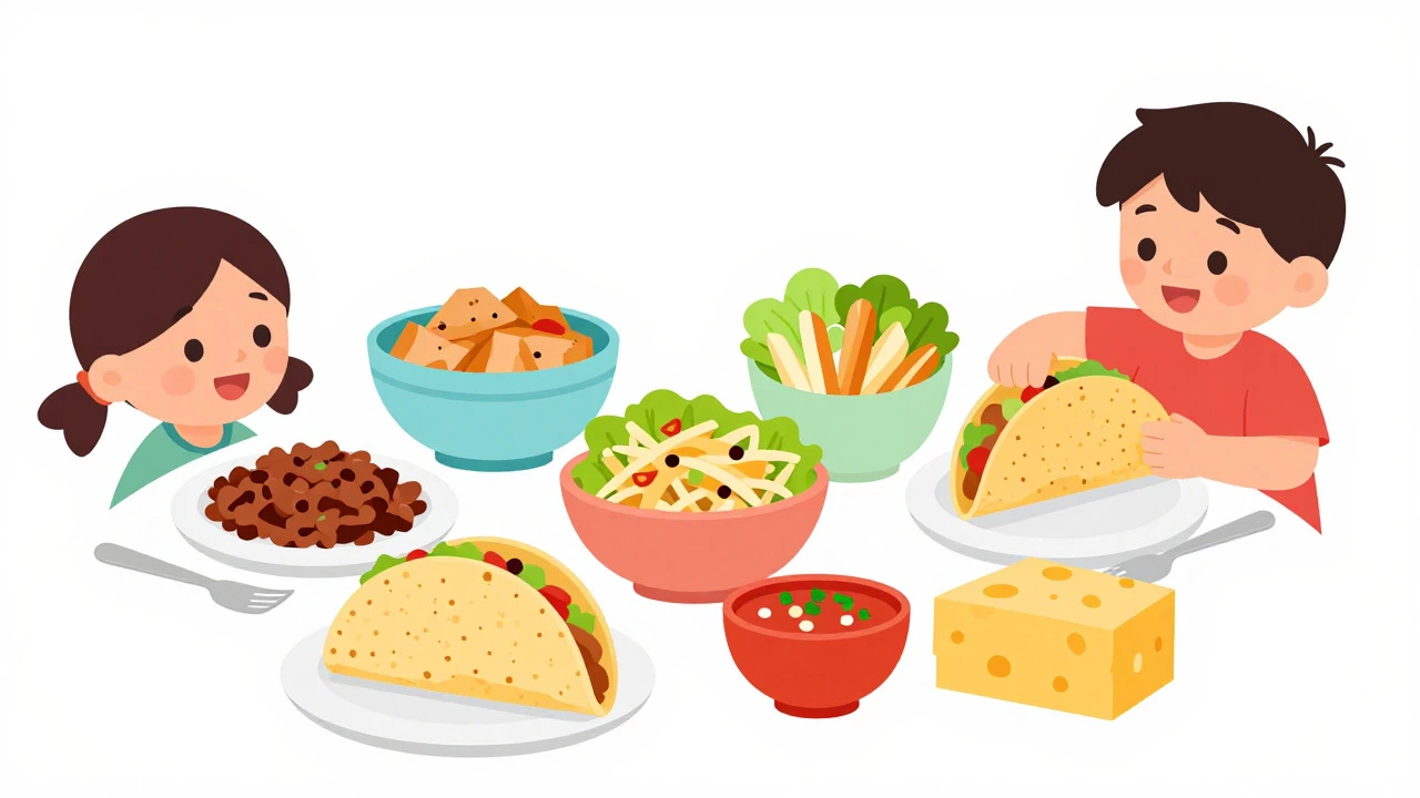 Family assembling tacos with separate ingredients on dining table