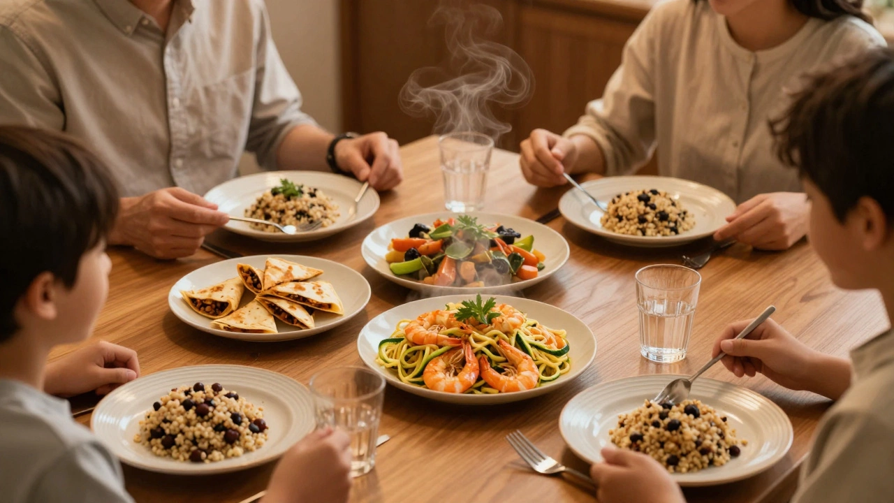 Family dinner table with simple shrimp, quesadilla, and grain bowls