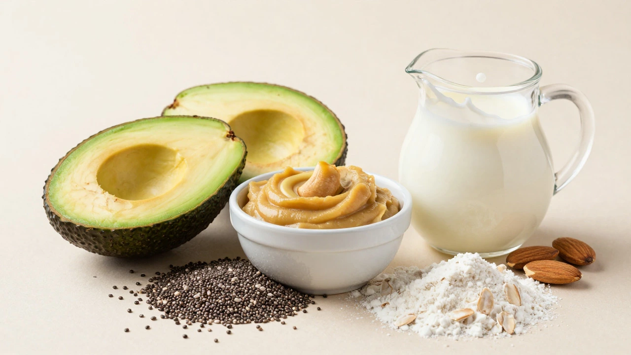 Fresh avocado, cashews, and oat milk for vegan desserts