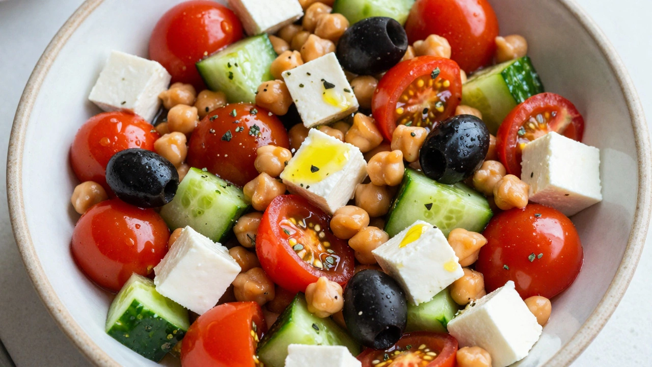 Fresh Mediterranean chickpea salad with feta and tomatoes
