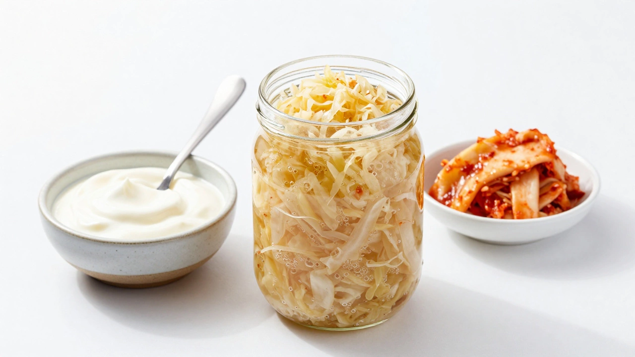 Glass jars of sauerkraut, kimchi, and Greek yogurt