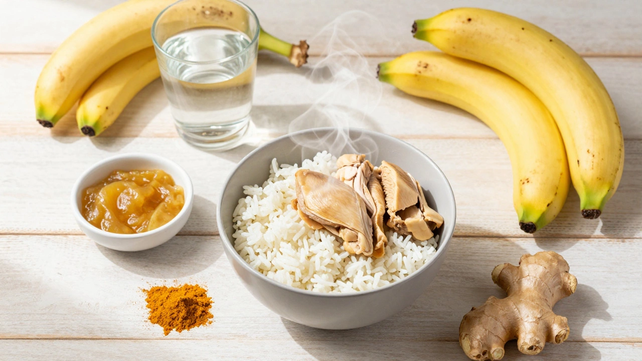 Healing foods like rice, chicken, ginger, and turmeric arranged on a table.