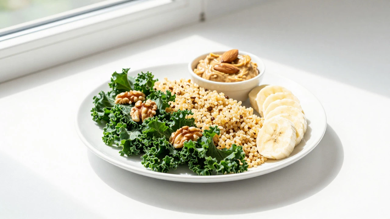 Healthy quinoa salad with kale, walnuts, and banana