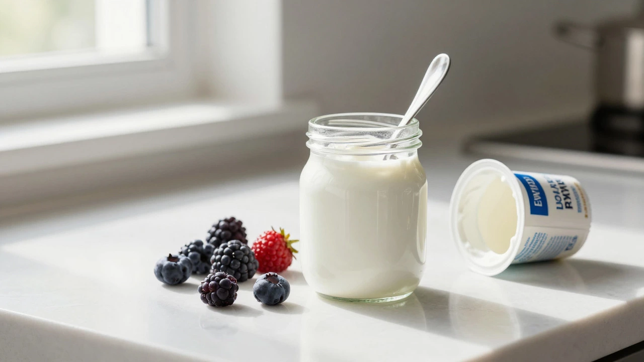 Jar of plain Greek yogurt with berries next to discarded low-fat cup