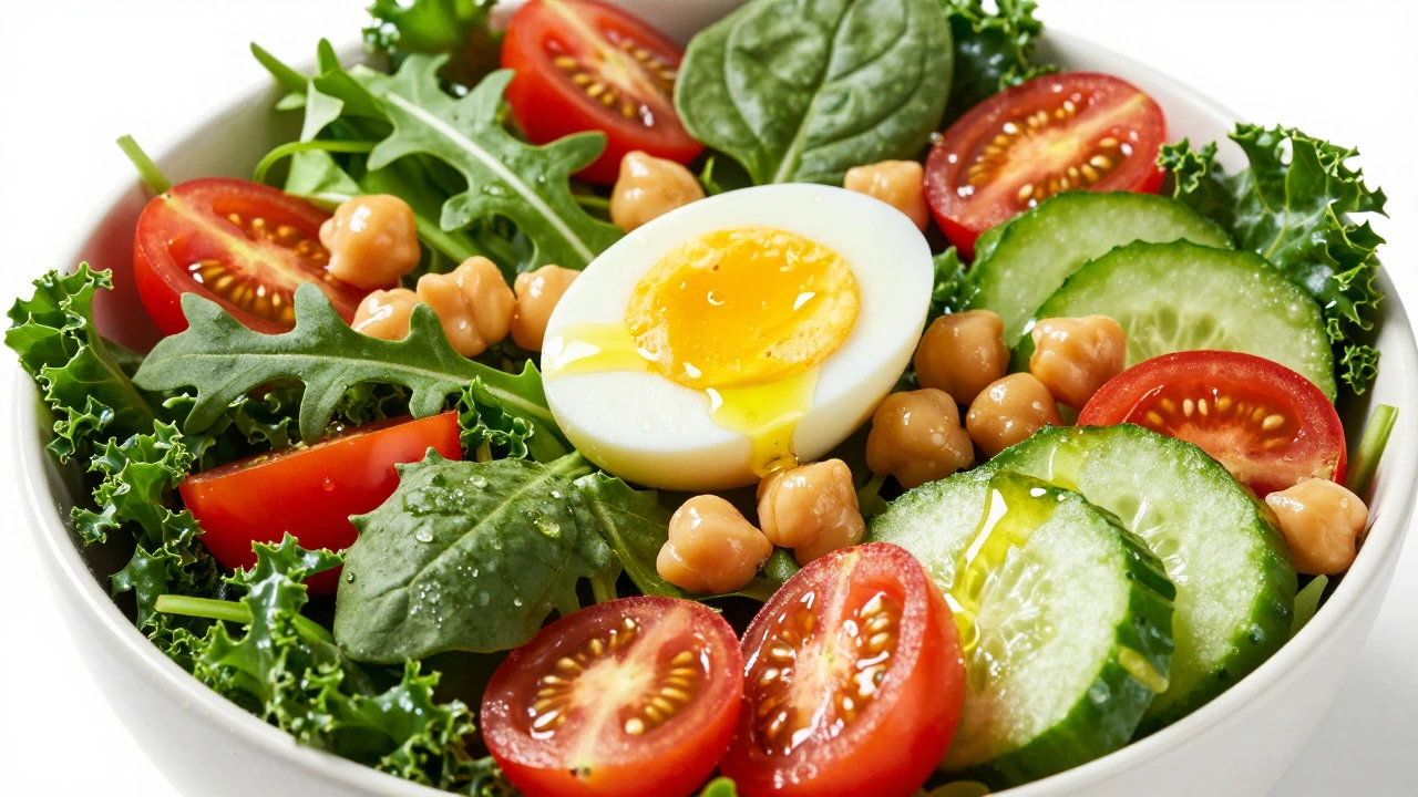 Large colorful salad bowl with greens, chickpeas, and egg