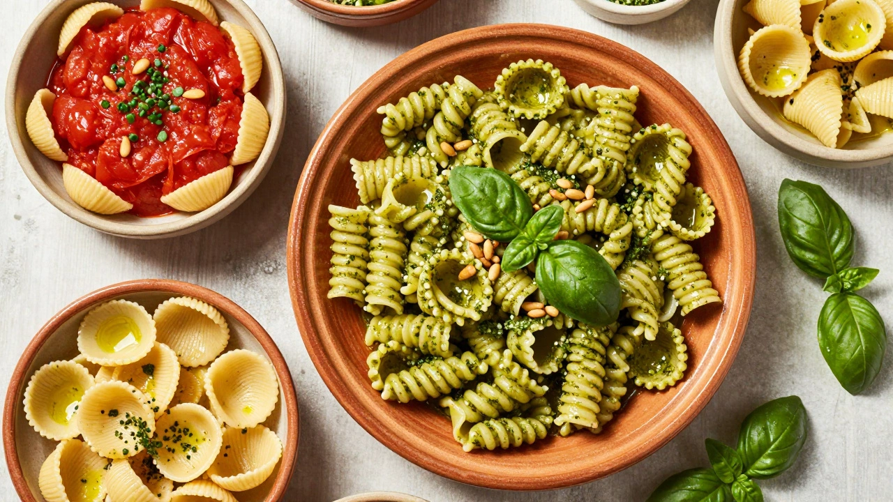 Overhead view of Trofie with pesto and other rare pastas