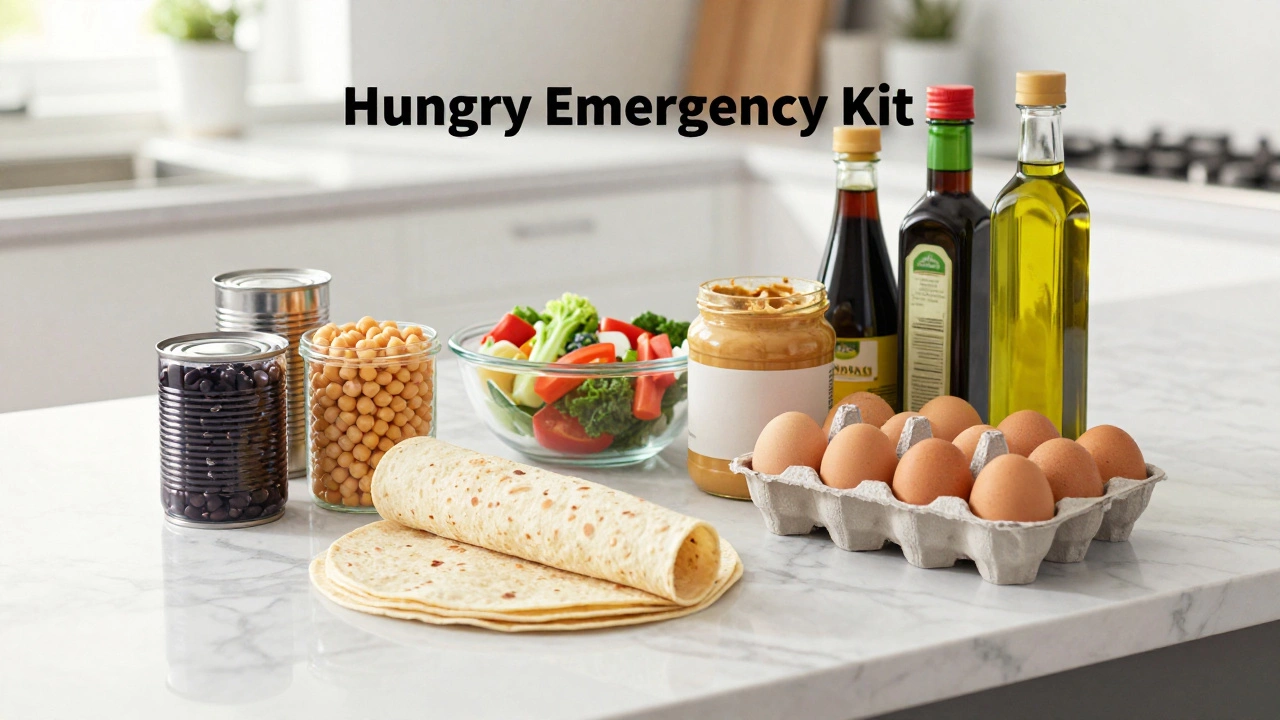 Pantry staples like beans, tortillas, and eggs arranged on a clean countertop.