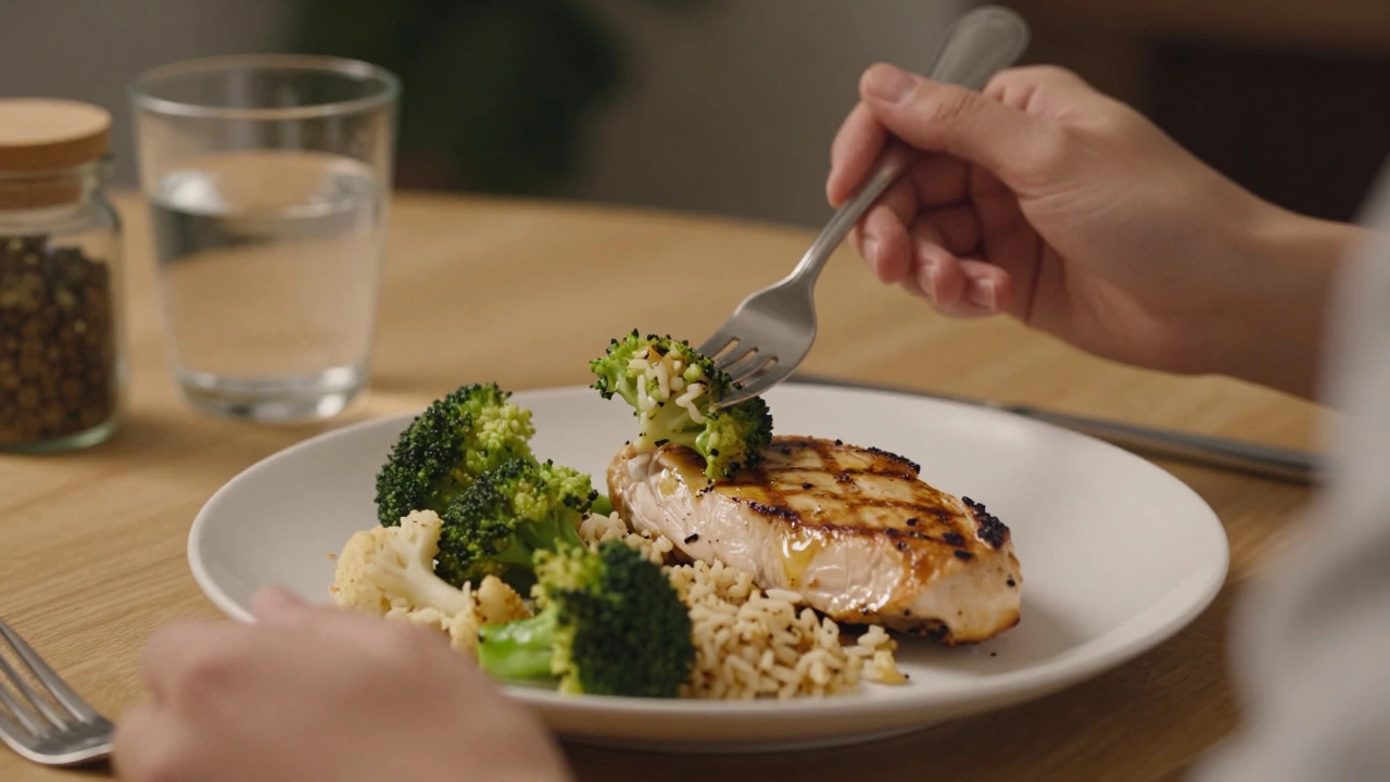 Person pausing while eating grilled chicken and vegetable meal