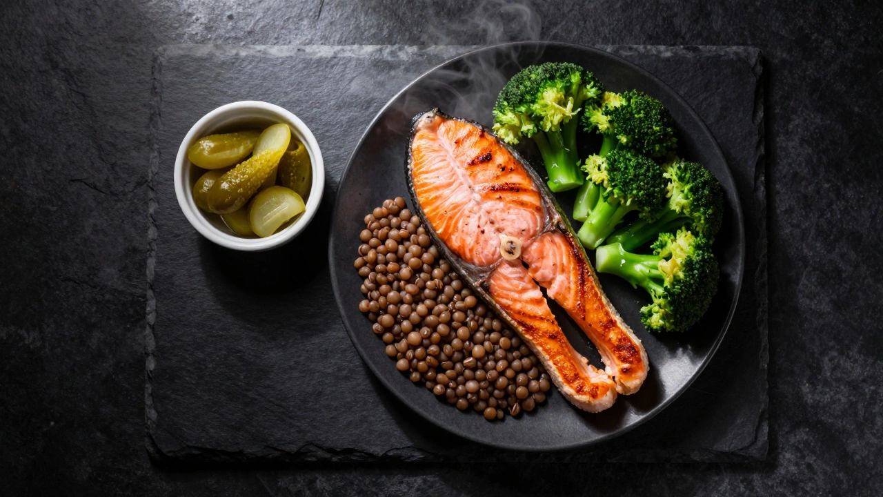 Plate of salmon, broccoli, and lentils for healthy eating