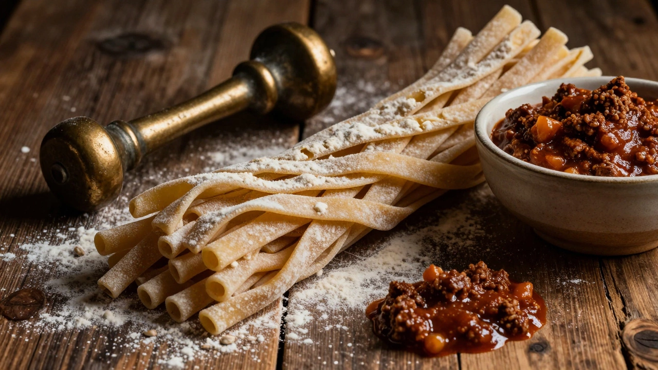 Rustic Bigoli Vicentini pasta with bronze die and meat sauce