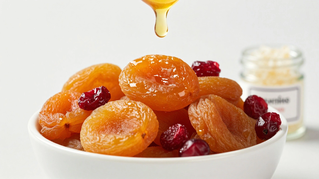 Shiny dried apricots with a drop of beeswax highlighting coatings