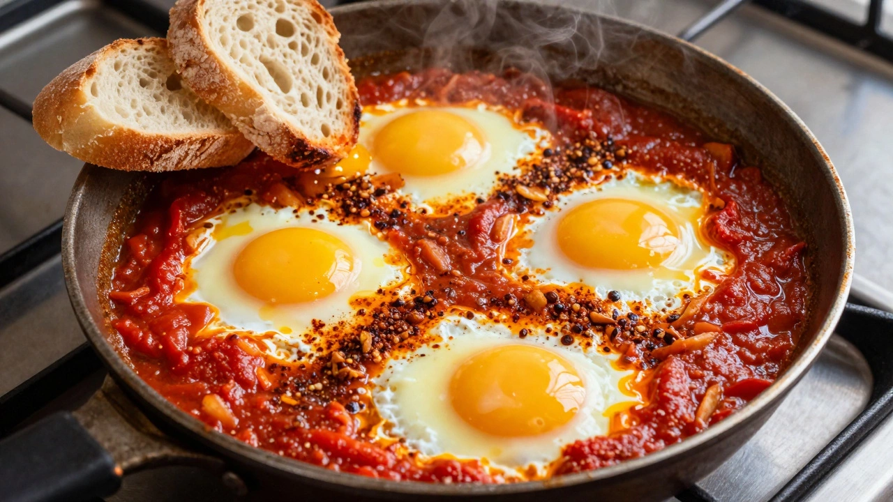 Skillet of shakshuka with poached eggs in tomato sauce and crusty bread.