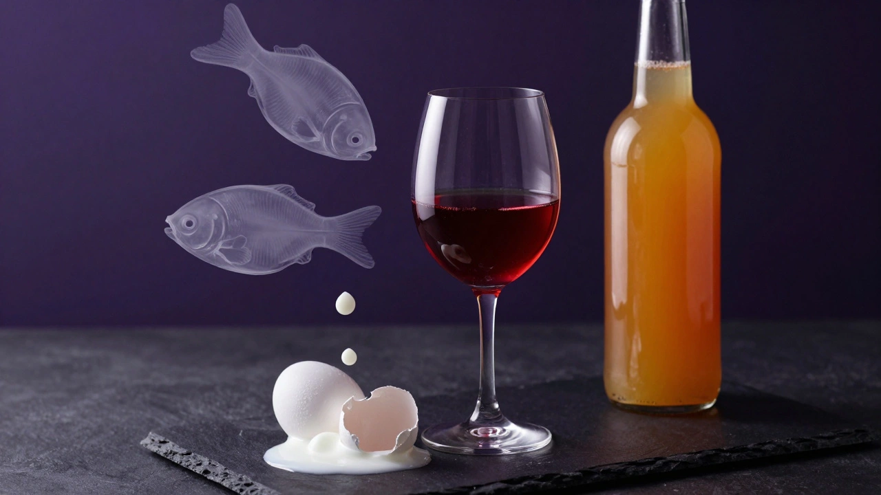 Wine glass with floating silhouettes of fish bladders and egg whites