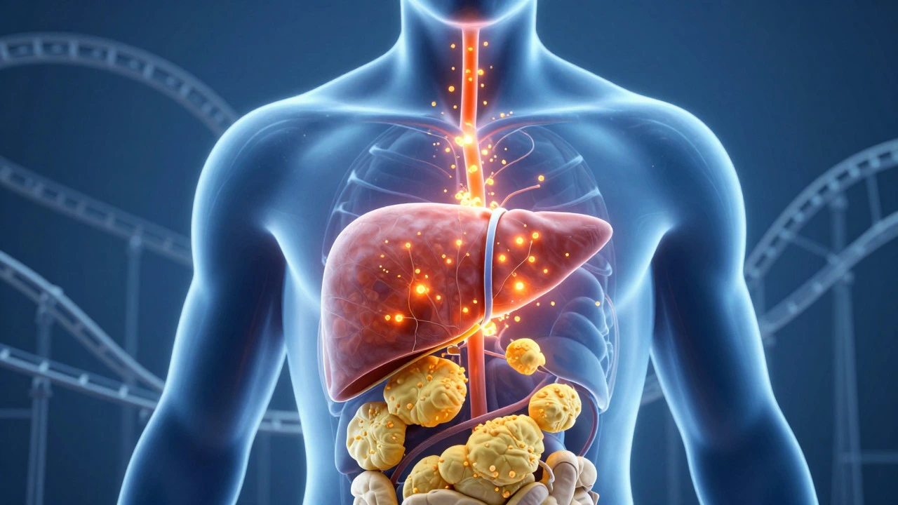 3D illustration of glucose flooding the body and stressing the liver