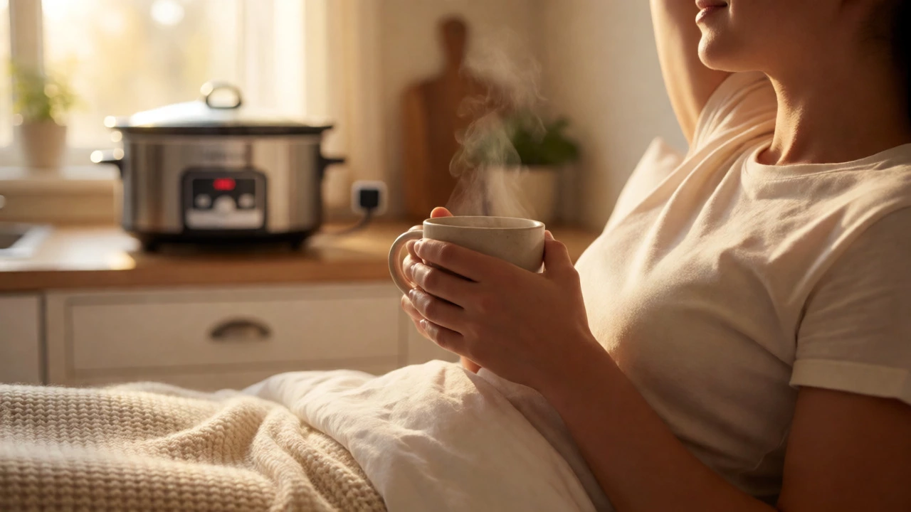 A person waking up happily in a sunlit room with a slow cooker visible in the background.