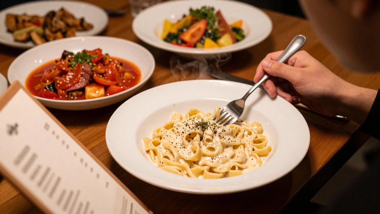 A steaming bowl of creamy pasta on a restaurant table next to a menu