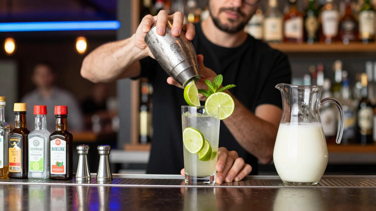 Bartender preparing a vegan cocktail with mint and lime at a modern bar