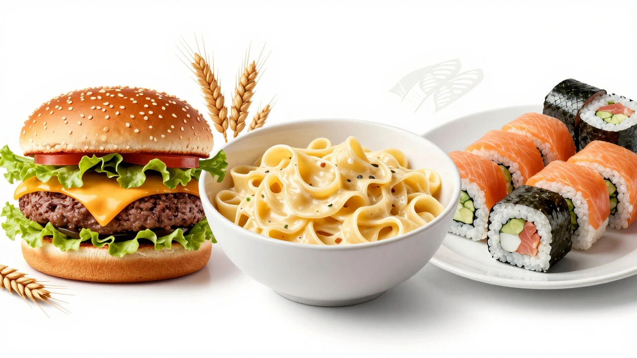 Burger, pasta, and sushi displayed side-by-side as food rivals