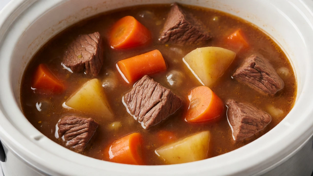 Close-up of a beef stew with large vegetable chunks inside a slow cooker pot.