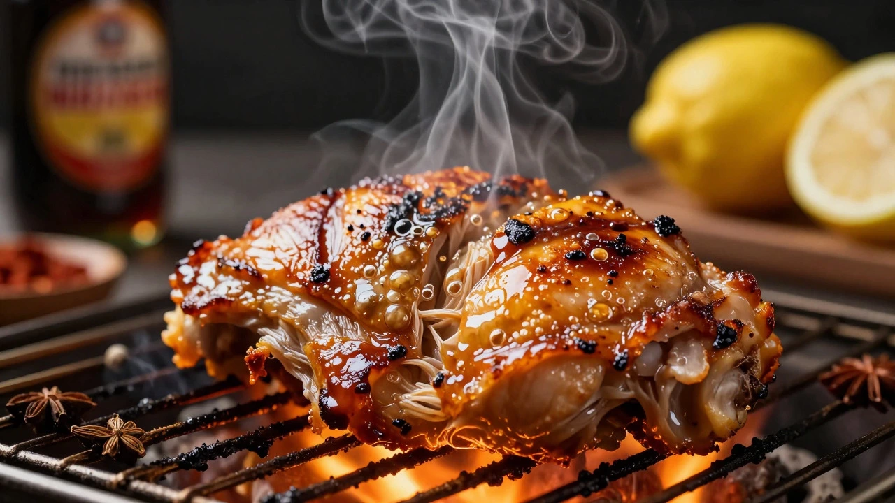 Close-up of a grilling chicken thigh showing browned skin and rising smoke