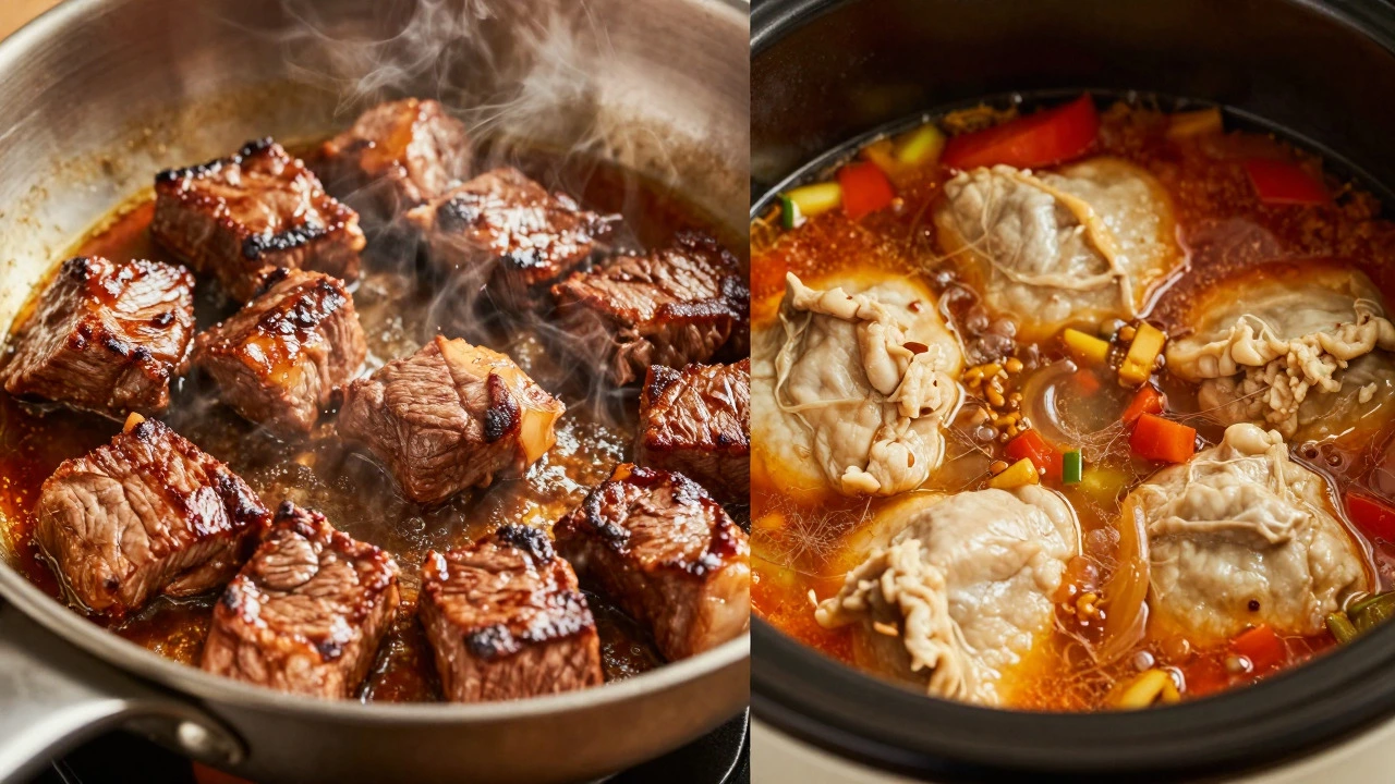 Comparison of searing meat in a pan versus slow cooking it