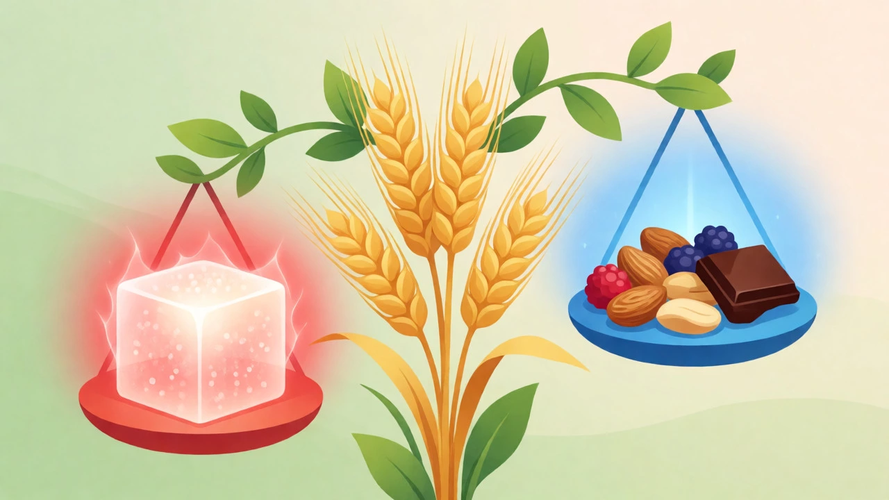 Conceptual illustration comparing a spiking sugar cube against stable nuts and berries on a scale.