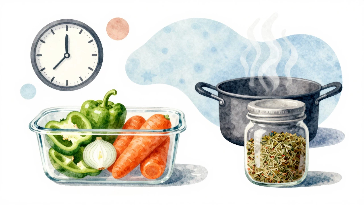 Container of chopped vegetables and spice jar illustrating meal prep