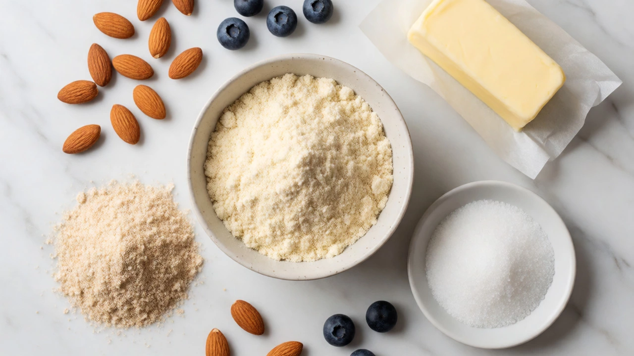 Flat lay of almond flour, oat fiber, erythritol, almonds, and blueberries on a marble surface.