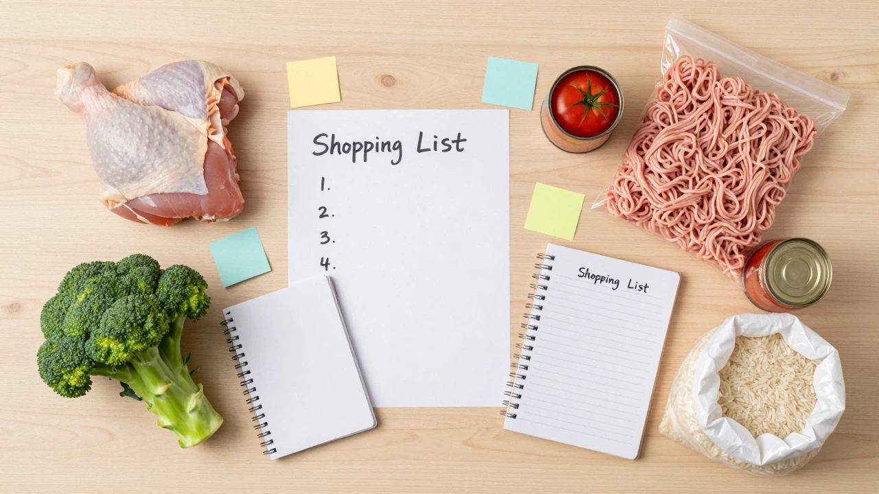 Flat lay of grocery items and a shopping list on a wooden table