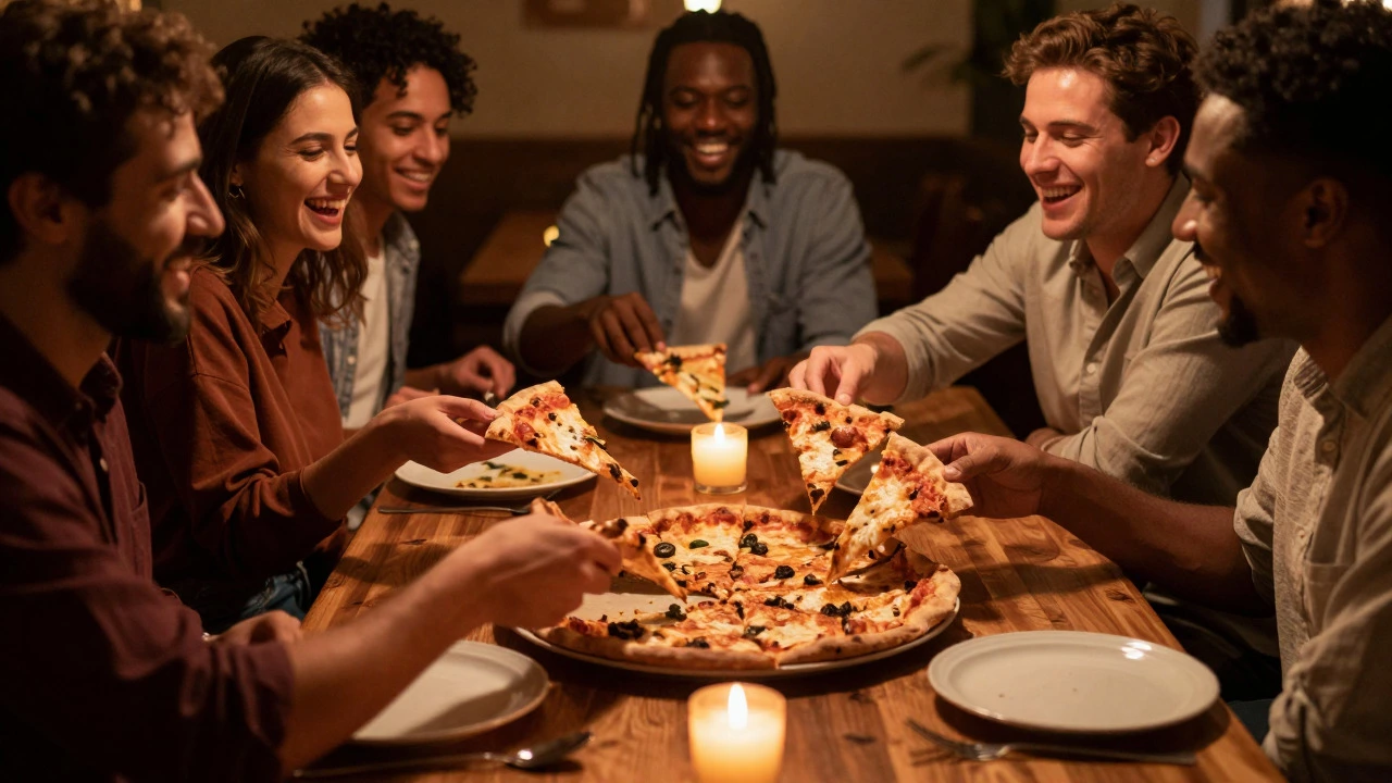 Friends laughing while sharing pizza at a cozy dinner table