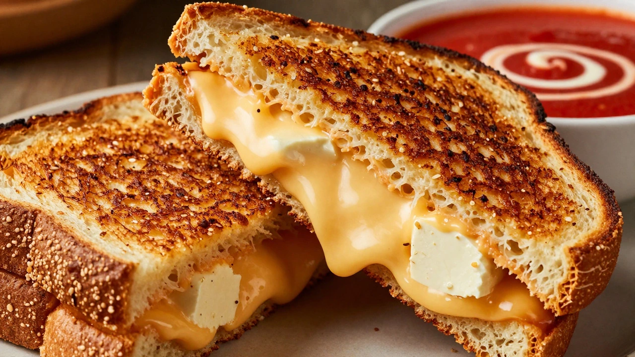 Golden grilled cheese sandwich with melted cheese next to tomato soup