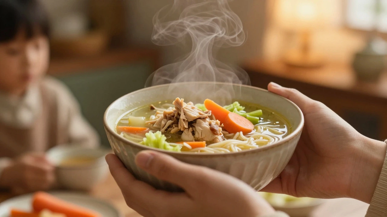 Hands holding a steaming bowl of chicken soup in a warm, nostalgic setting