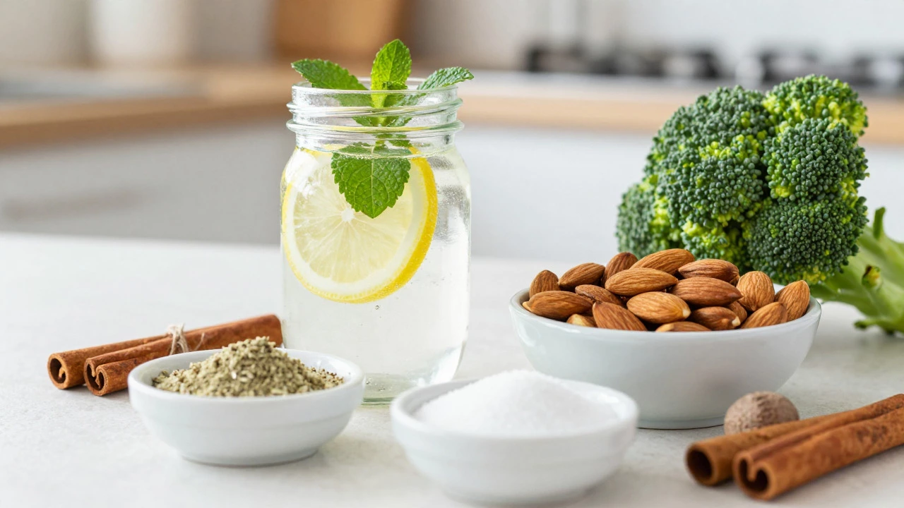 Healthy snacks and natural sweeteners on a bright kitchen counter