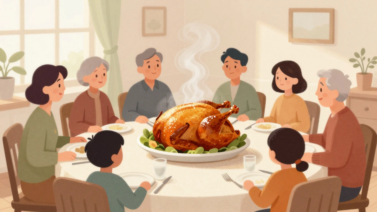 Illustration of a family gathering around a roast chicken in a cozy dining room