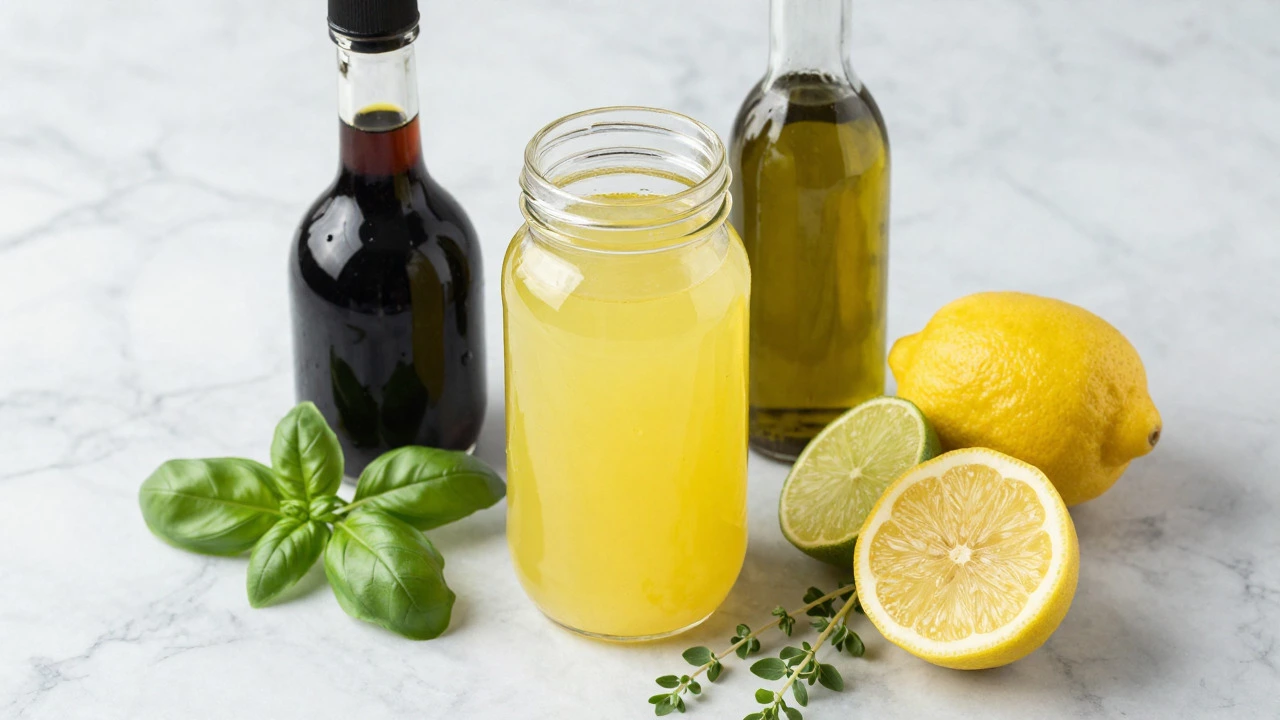 Lemon juice, olive oil, and vinegar ingredients for marinades