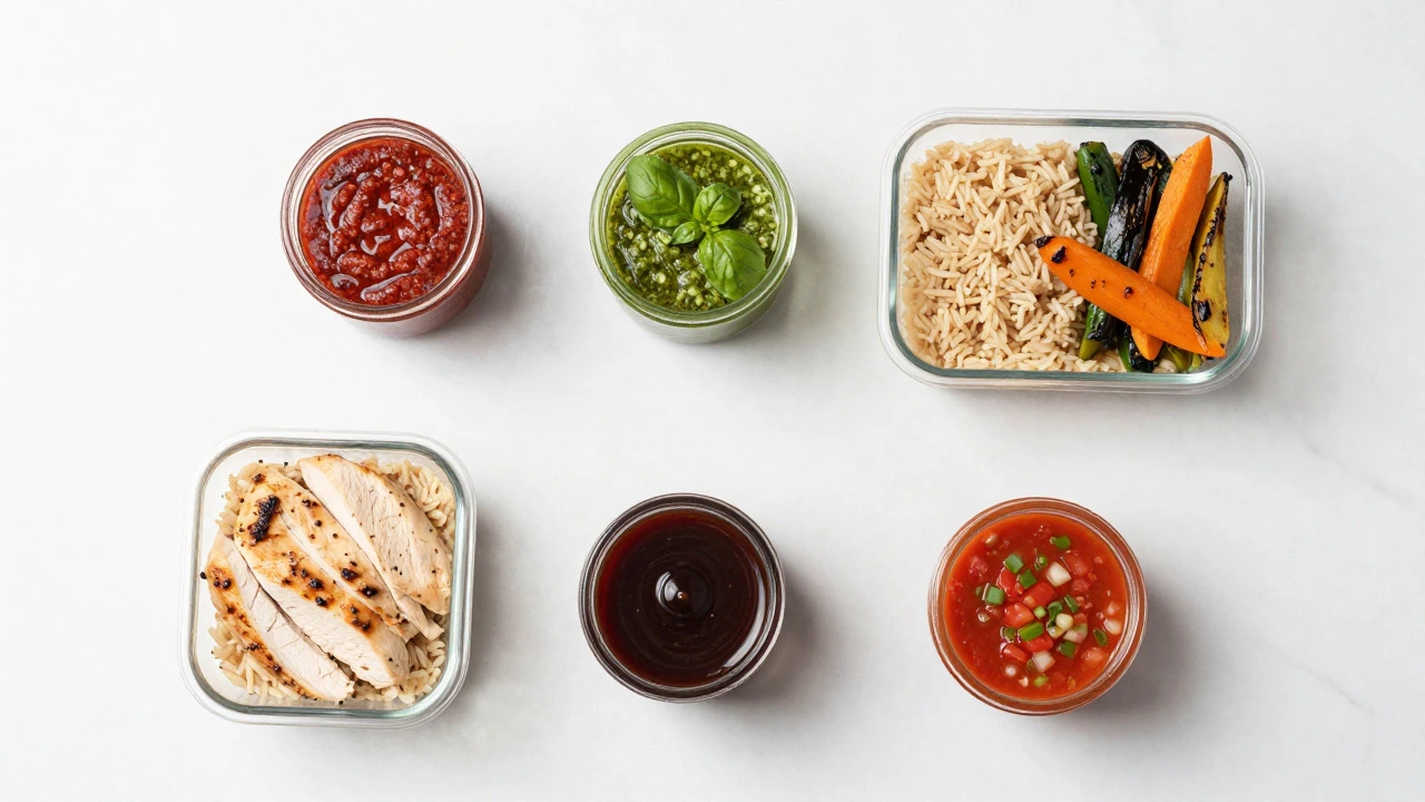 Meal prep components with various sauces for customized lunches