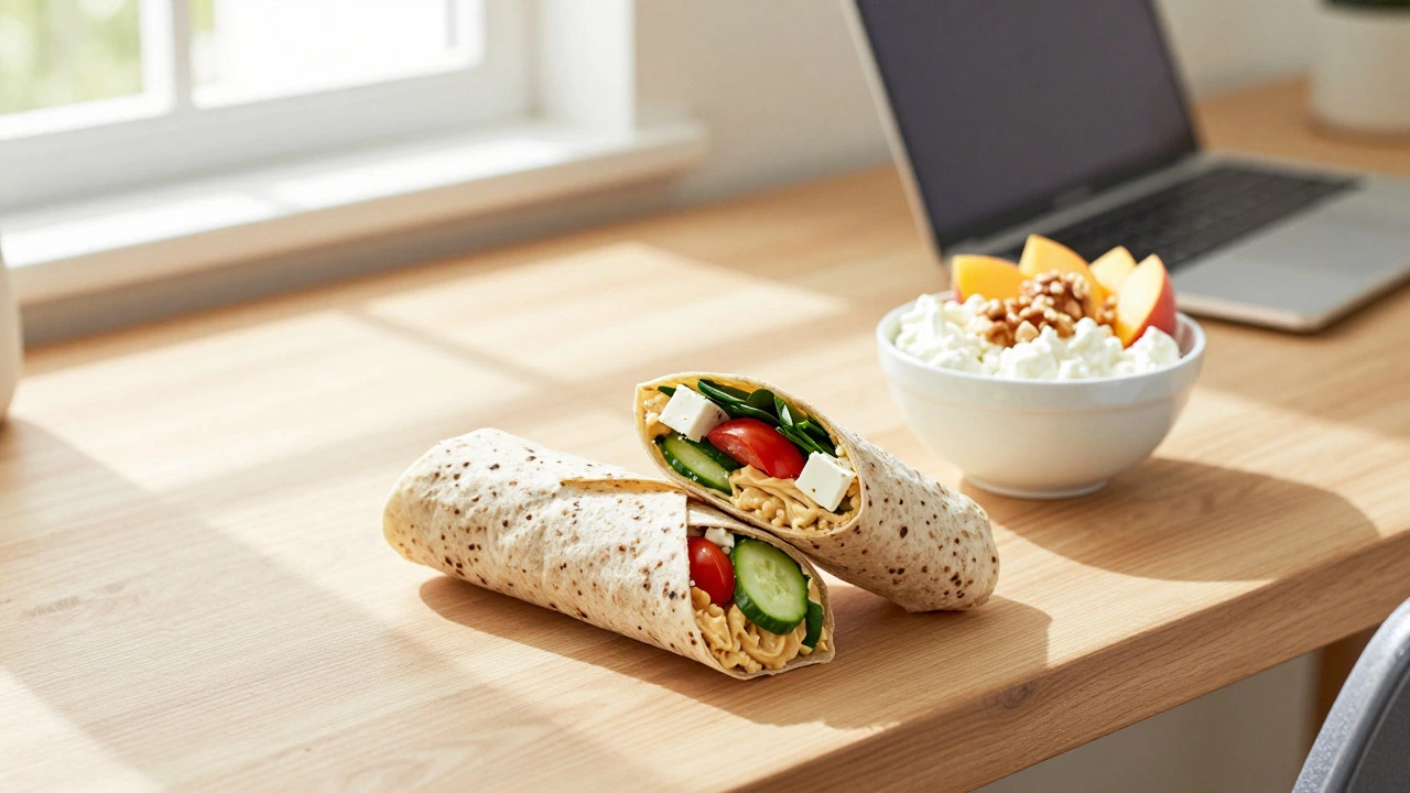 Mediterranean wrap and cottage cheese bowl on a home office desk